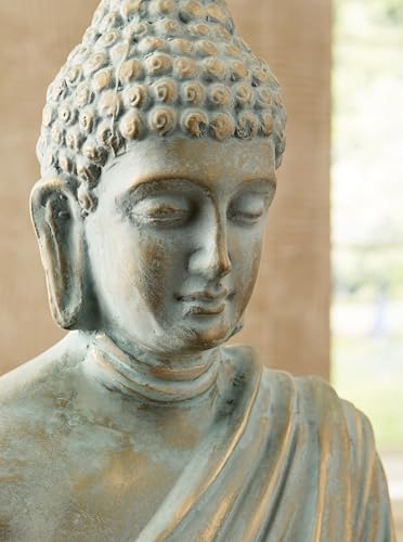 Signature Design by Ashley Hosgrove Cultural Tabletop Paper Composite Sitting Buddha Sculpture, Metallic & Green