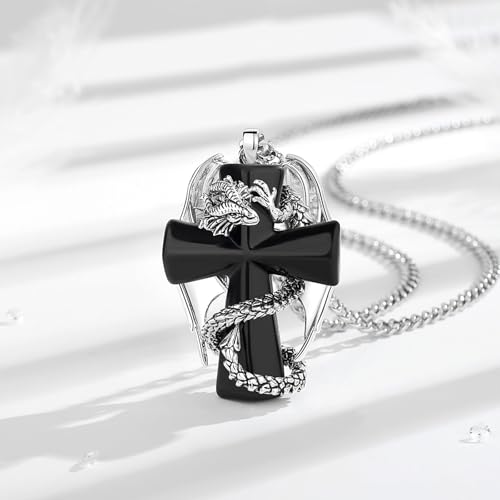 INFUSEU Unique Dragon Necklaces with Healing Crystal Stone for Men Women, Personalized Spiritual Gifts, 24 Inch Chain - color: Large Black Cross