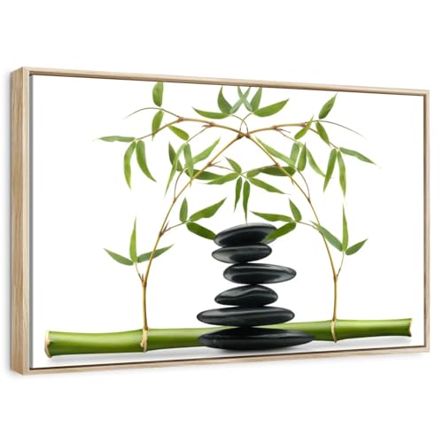ElephantStock - Zen Pebbles And Bamboo Wall Art - Horizontal Floating Framed Canvas - Lobby Wall Decor - Photography Floral And Botanical Framed Canvas Art - Beige And White Decor - 13" x 9" - color: Floating Frame Natural Wood, size: 12"L x 8"W