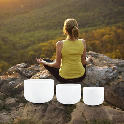 RYAN DVAN 432Hz Crystal Singing Bowls Set of 3, 6" B Crown, 8" G Throat, 10" F Heart bowls, Quartz Chakra Sound Bowls for Meditation & Healing, with Case, Mallet & Suede Striker - color: White (6B+8G+10F), size: 6-10 Inch 432Hz