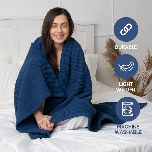 Waffle Blanket Queen Size Bed, 100% Cotton Soft Lightweight Breathable Summer Blanket, Waffle Weave Queen Size Bed Blanket: Blue (90"x90") - color: Blue, size: Queen (90" x 90")