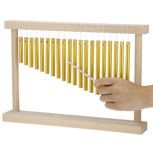 QWORK 20 Note Bar Chimes with Solid Wood Stand – Tabletop Percussion Instrument for Meditation Classroom & Yoga – Gold Tone Hand Chime with Mallet 15 Inch Single Row