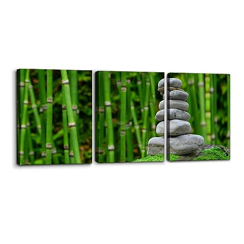 Pacimo Bamboo Zen Wall Art Set of 3 - Bamboo Tree Massage Stone Nature Wilderness - Perfect for Modern Home Decor - Ideal Wall Decor for Living Room Bedroom Bathroom and Office (12"x16"x3) - color: Wallart-19, size: 12" x 16" x 3 panels