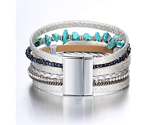 Fesciory Leopard Bracelet for Women, Boho Leather Wrap Multi-Layer Pearl Crystal Bracelet Bangle Jewelry - style: Feather