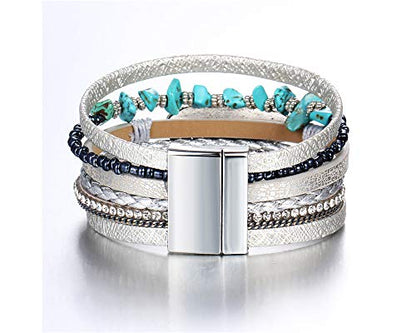Fesciory Leopard Bracelet for Women, Boho Leather Wrap Multi-Layer Pearl Crystal Bracelet Bangle Jewelry - style: Feather