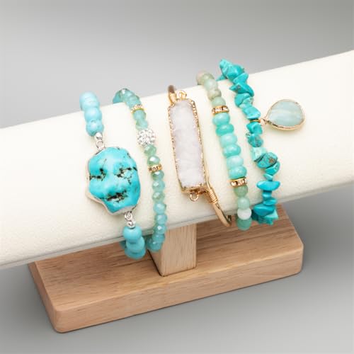 5PCS Natural Boho Beaded Bracelets Bangle for Women Men,Healing Turquoise Jasper Agate Crystal Gemstone Stone Chakra Multilayer Wrap Bohemian Handmade Jewelry Beads Stretch Bracelet Set - color: Blue