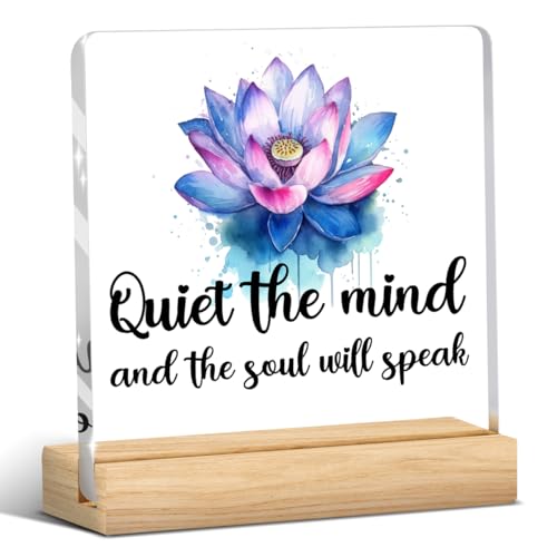 Meditation Quotes Decoration, Yoga Pilates Sayings, Lotus Flower Decor, Zen Decoration, Gifts for Inspirational Women, Acrylic Sign With Wooden Stand for Home Farmhouse Office 4 x 4 Inches