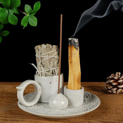 MOUGIGI 5-in-1 White Ceramic Palo Santo Burner & Holder - Small Candle and Smudge Tray for Incense Sticks & Cones, Sage, Zen Meditation Altar Accessory – Compatible with Matches for Aromatic Scents - color: Multifunctional Palo Plate-white