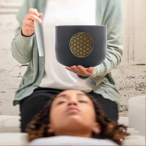 8" C Note Flower of Life Black Crystal Singing Bowl Frosted Quartz Root Base Chakra Meditation Sound Healing with Suede Striker O-ring - size: 8 inch C NOTE