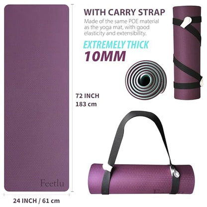 Yoga Mat with Strap – 10mm & 12mm Thick Yoga Mat, Non-Skid Dual Surface Workout Mat, Eco-Friendly POE Yoga Mats for Women Men Kids, Perfect Exercise Mat for Pilates, Yoga, and Floor Workouts, Includes Carrying Strap.