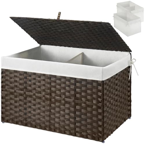 GREENSTELL Storage Basket with Lid, 17.2 Gallon(65L) Small Wicker Blanket Storage Basket with Handles, Foldable, 2 Removable Liner Bags, Metal Frame, for Bedroom, Laundry Room, Brown,22.2"*13.4"*13.4" - color: Brown, size: 65L: 22.2*13.4*13.4 Inches
