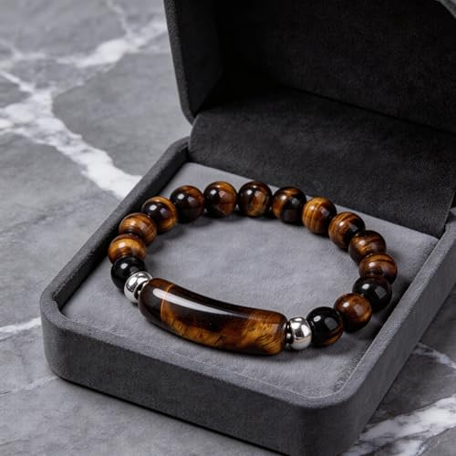 Kim Carrey Italian Tiger's Eye Mens Bracelet Stainless Steel Waterproof, Men's Bracelets Birthday Annivesary Gift for Him