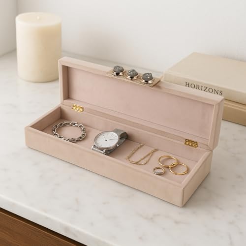 Decorative Box for Home Decor – Elegant Jewelry Box and Home Organizer for Keepsakes and Accessories – Long Storage Box with Lid for Living Room, Entryway, Shelf, or Office Decor – 3" Ivory & Tan