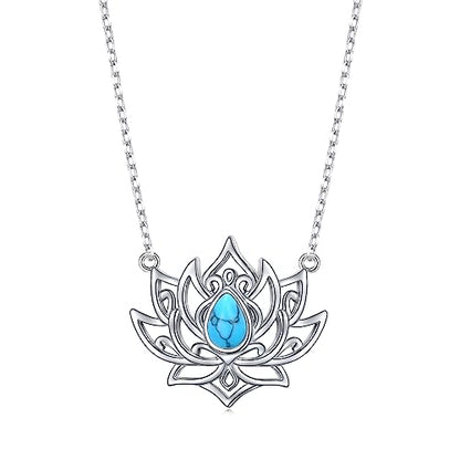 Lotus Neckalces for Women 925 Sterling Silver Moonstone/Turquoise Lotus Pendant for Girls Anxiety Stress Relieving Birthday Yoga Gifts - style: Turquoise Lotus