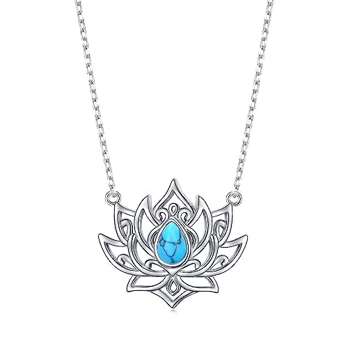 Lotus Neckalces for Women 925 Sterling Silver Moonstone/Turquoise Lotus Pendant for Girls Anxiety Stress Relieving Birthday Yoga Gifts - style: Turquoise Lotus