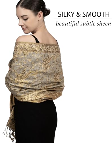 Achillea Reversible Paisley Pashmina Rave Scarf – Exotic Indian Shawls and Wraps for Evening Dresses, Festivals, All Seasons - color: Grey Gold