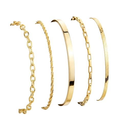 Dainty Gold Bracelet for Women Stack, Thin Bracelets Stackable Set with Bangle Cuff, Box, Herringbone, Paperclip, Figaro, Sparkling Link Chains Waterproof, Simple Jewelry Gifts for Women Non Tarnish - color: style 02-gold
