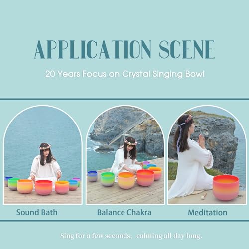 440HZ 6"-12" Set of 7 PCS Quartz Rainbow Crystal Singing Bowls Set Sound Healing with Carrying Case Mallet and Suede Striker - color: 6"-12" multicolor
