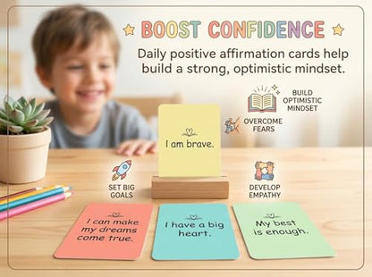 Affirmation Cards for Kids - 30 Daily Positive Affirmations Cards with Wooden Stand - Mindfulness Cards for Anxiety Relief, Self Care & Confidence Building - Encouragement & Motivational Gifts for Boys & Girls
