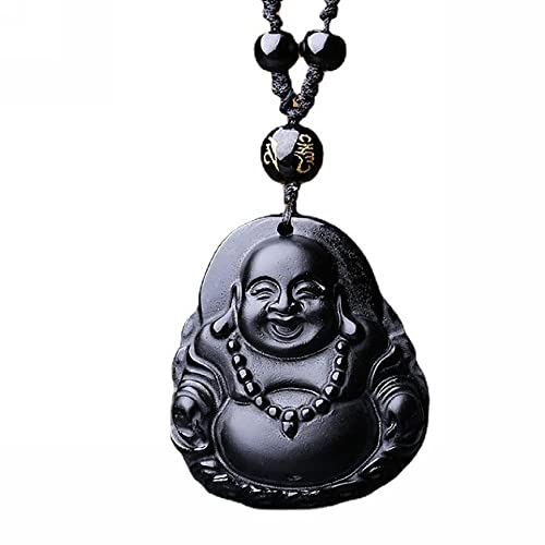 Natural black obsidian rainbow obisidan ice obsidian Maitreya launghing buddha necklace Amulet pendant bead chain - color: black obsidian money buddha