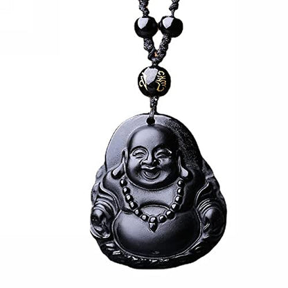 Natural black obsidian rainbow obisidan ice obsidian Maitreya launghing buddha necklace Amulet pendant bead chain - color: black obsidian money buddha