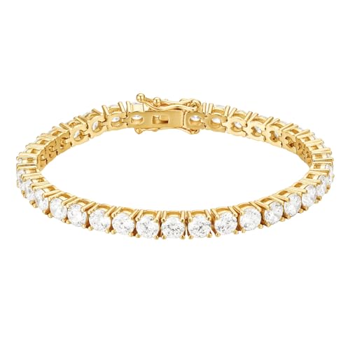 CAITLYNMINIMALIST 18K Gold-Plated & Rhodium-Plated Silver CZ Diamond Tennis Bracelet for Women – 3–4mm Dainty Stacking Box Clasp Bracelet (6–7 in) - color: 03-18K Gold Bold Diamond, size: 7 Inches