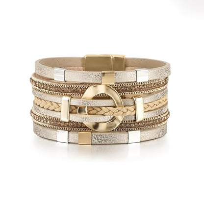 Edoneery Leather Wrap Bracelet for Women, Boho Handmade Multi-Layer Cuff with Crystal Beads Heart, Stackable Bangle Western Jewelry Gift - style: Circle Rhinestone(Gold)