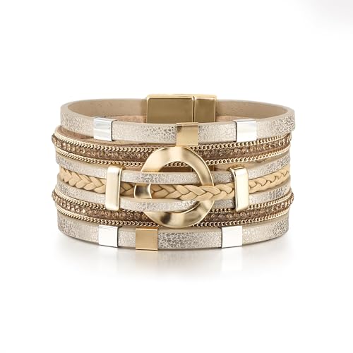 Edoneery Leather Wrap Bracelet for Women, Boho Handmade Multi-Layer Cuff with Crystal Beads Heart, Stackable Bangle Western Jewelry Gift - style: Circle Rhinestone(Gold)