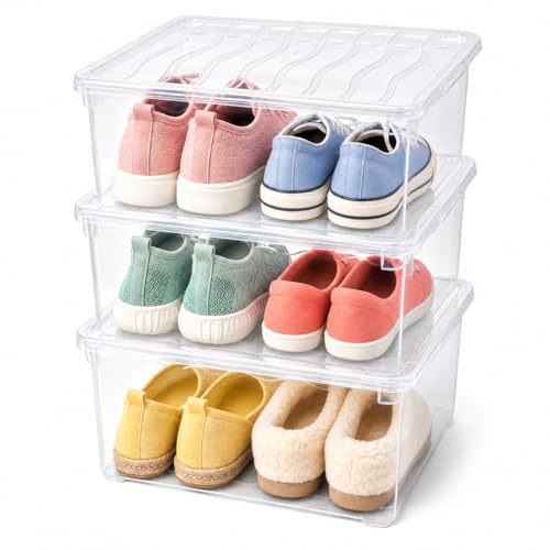 Clear Shoe Storage Boxes with Lids - Stackable Plastic Organizer Bin for Closet, Sneaker Storage, Accessories - Shatterproof, Secure-Fit, 14 x 10.5 x 5.5 in, Set of 3 - size: Set of 3