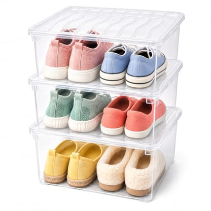 Clear Shoe Storage Boxes with Lids - Stackable Plastic Organizer Bin for Closet, Sneaker Storage, Accessories - Shatterproof, Secure-Fit, 14 x 10.5 x 5.5 in, Set of 3 - size: Set of 3