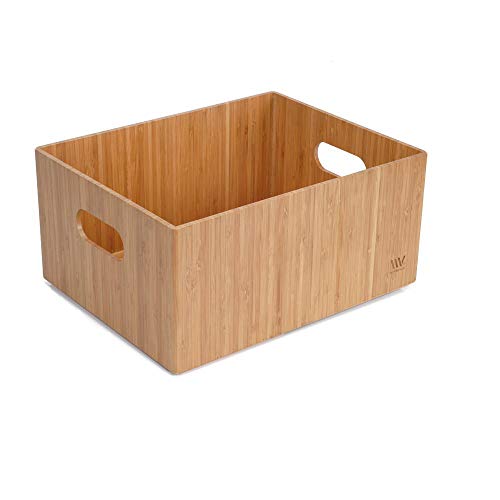 MobileVision Bamboo Storage Box, 12”x 9”x 6”, Durable Bin w/ Handles, Stackable - For Toys Bedding Clothes Baby Essentials Arts & Crafts Closet & Office Shelf With (White Clip Included)