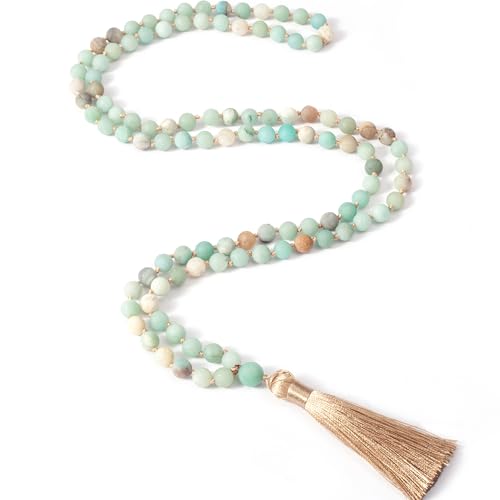 8mm Natural Stone 108 Mala Beads Necklace for Men and Women - color: Mattle Amazonite