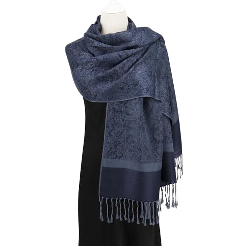 Silky Paisley Pashmina Shawl Scarf-Women's Soft Double-side Jacquard Pashminas Wrap for Evening Dress Travel Shawl - color: A-navy Blue