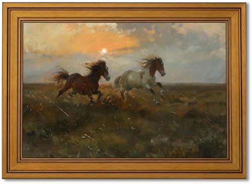 Vintage Gold Framed Running Horse Canvas Wall Art, Grassland Sunset Landscape Poster Print Artwork, Rustic Farmhouse Animal Painting Picture Wall Decor, for Living Room, Home Decoration, 12x16in - color: running horse, size: 16"L x 12"W