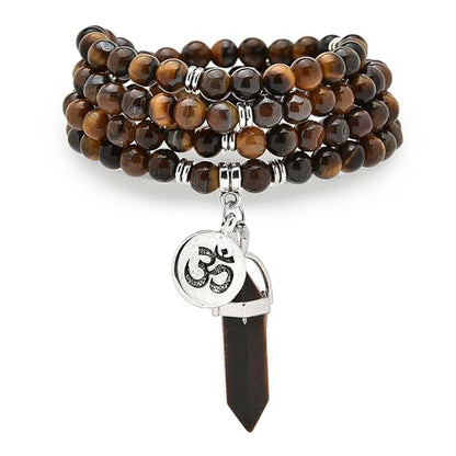 Natural Japa Mala 108 Beads Bracelet Necklace Meditation Accessories with om Chram and Reiki Quartz Hexagonal Prism Pendant - style: Brown Tiger Eye