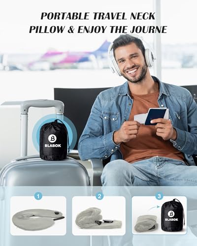 Patented Design Inflatable Travel Neck Pillow – Airplane Neck Pillow with 360° Head & Neck Support, Soft Washable Velvet Cover, Compact Neck Support Pillow for Airplane,Train,Car,Office & Home (Grey) - color: Gery