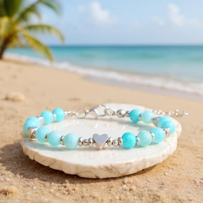 Birthday Bracelet: 6mm Natural Stone Healing Bracelet Inspirational Self-Care Gifts for Women, Mom, Daughter, Wife, Coworkers, Friend, Bestie, Granddaughter - color: Light Cyan