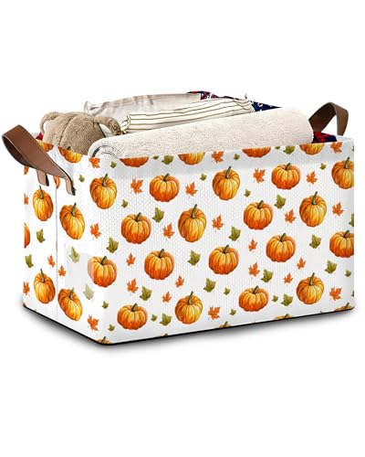 Pumpkin Maple Leaf Storage Basket with Handles,Thanksgiving Collapsible Rectangle Organizer Bin for Room Decoration Books Box Baskets 17x11.5x10Inch - color: Pumpkin Maple Leaf Thanksgiving