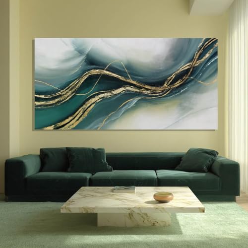 ZENPEE Gold and Green Modern Wall Art, Simple Abstract Canvas Prints, Wall Hangings & Posters for Living Room, Office & Hallway, 29" x 58" - color: Teal & Gold, size: 58"L x 29"W