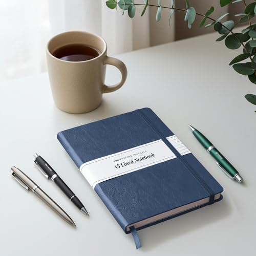 BROWNSTONE JOURNALS A5 Hardcover Lined Journal 5"x8" - Notebook for Work & Writing, 160 Pages Thick 100 GSM Paper, Lay Flat Binding, Elastic Band, Ribbon Bookmark (Symphony Blue) - color: Symphony Blue