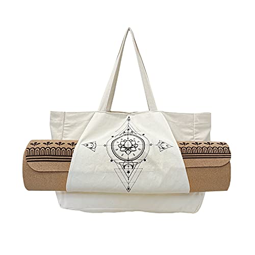 Burro Chakra Themed Yoga Mat Cotton Tote Bag with Mat Carrier Pocket Extra Pocket Inside (YB105 IVORY)