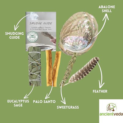 Ancient VEDA Healer's Kit: Complete Sage Smudge Kit Bundle w/Abalone Shell, Palo Santo, Sweetgrass, Turkey Feather & Guidebook – Spiritual and Energy Cleansing, Ritual Supplies, Smudging Essentials - color: Eucalyptus Sage, size: Healer's Kit