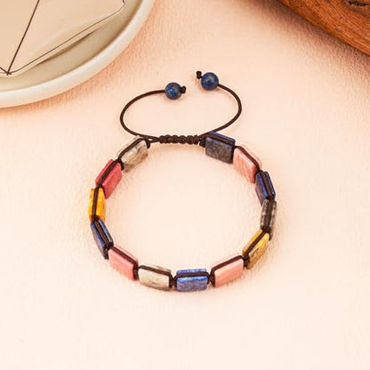 Square Natural Stone Unisex Adjustable Bracelet - Handmade with Natural Stons - Square Healing Crystal Bead Bracelet - color: Colorful