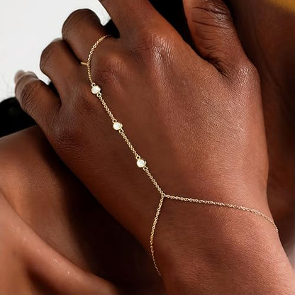 3PCS 14K Gold-Plated Hand Chain Bracelets for Women, Stack Bracelets Set Adjustable, Trendy Dainty Ring Bracelet Hand Chain - color: gold-3-cz