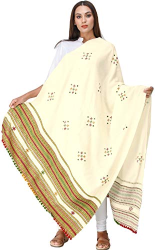 Exotic India Shawl from Kutch with Embroidered Bootis and Mirrors - Wool - color: Vanilla Custard