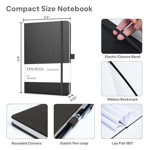 ONAVIA A5 Hardcover Notebook Journal, College Ruled Lined Notebook for Work, Office Meetings, Journaling, Planning & Daily Writing, 160 Pages (80 Sheets), 5.8 x 8.3 in, Black - color: Black