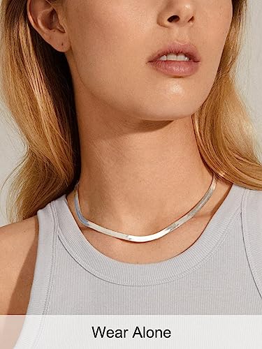FOCALOOK 14K Gold Plated Necklaces for Women, Fashion Herringbone Choker Necklace Stainless Steel Flat Snake Chain 3/5MM(W) 12.5"/15"/18"+3.5"(L) - color: 5MM-Silver-12.5"