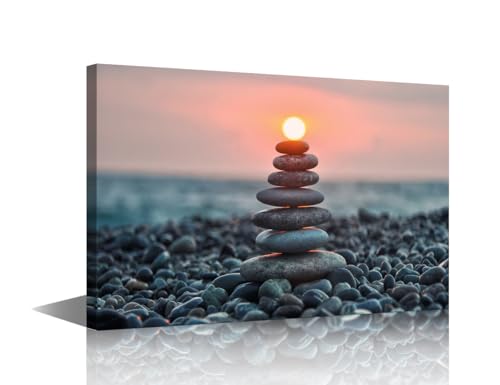 Zen Wall Art Zen Stones on Sea Beach, Meditation Poster Canvas Pictures Balanced Rock Pyramid on Pebbles Beach at Sunset for Spa Living Room Home Framed Prints Art 12x18 inch - color: Artwork 10, size: 18x12 in