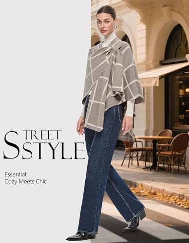 PULI Womens Elegant Cross Front Shawl Wraps Knitted Ponchos Cape Light Weight Poncho Sweater Soft Warm Travel Wraps - color: Classic Check-oatmeal and Barley Twist