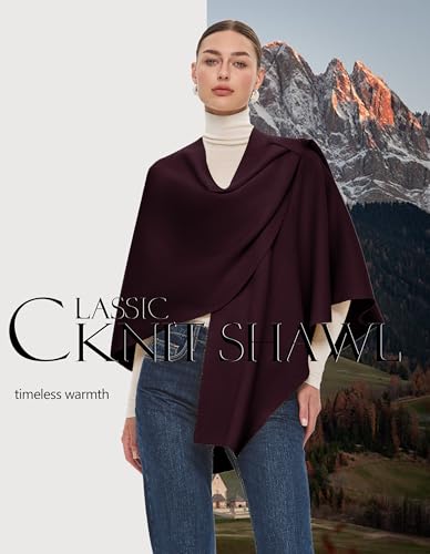 PULI Womens Large Cross Front Poncho Sweater Wrap Topper Knitted Elegant Shawls Cape for Fall Winter - color: Extra Warm Burgundy